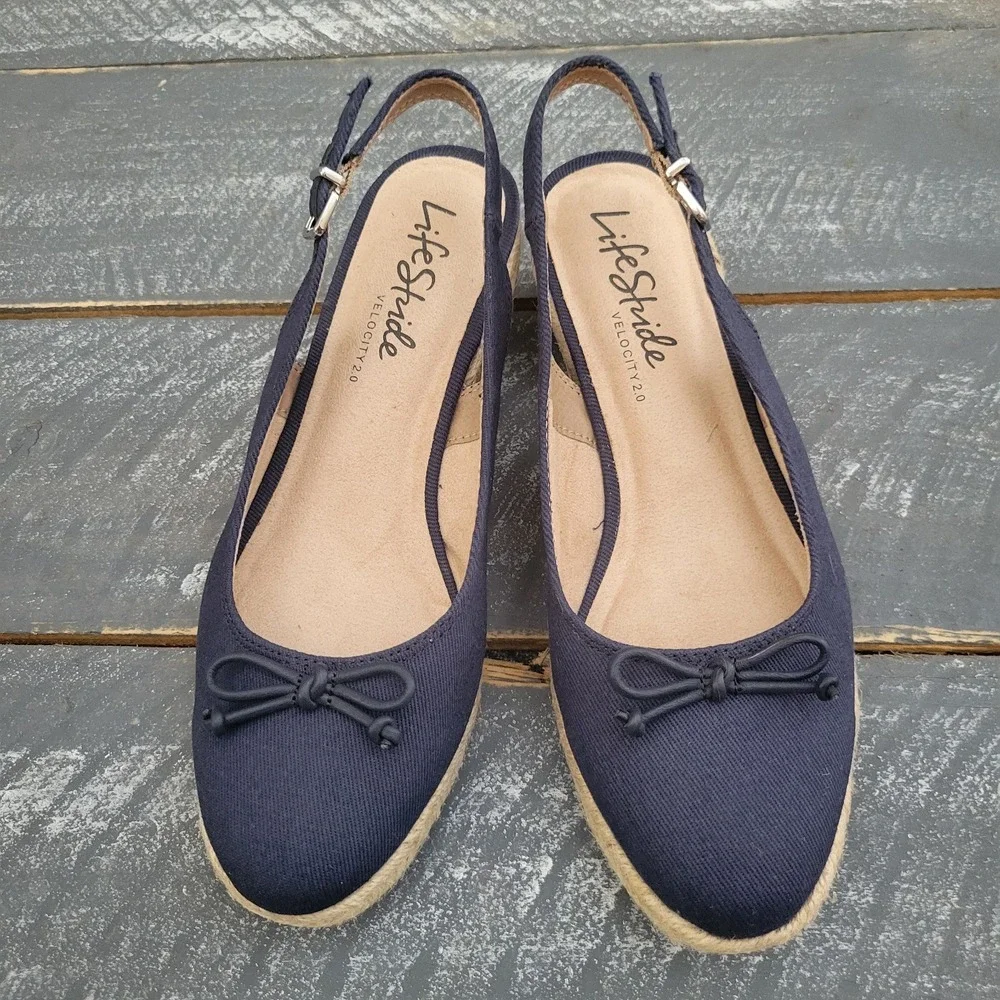 Life Stride‎ Keepsake Women's Espadrille Sandals 8.5W Navy Adjustable Heels New